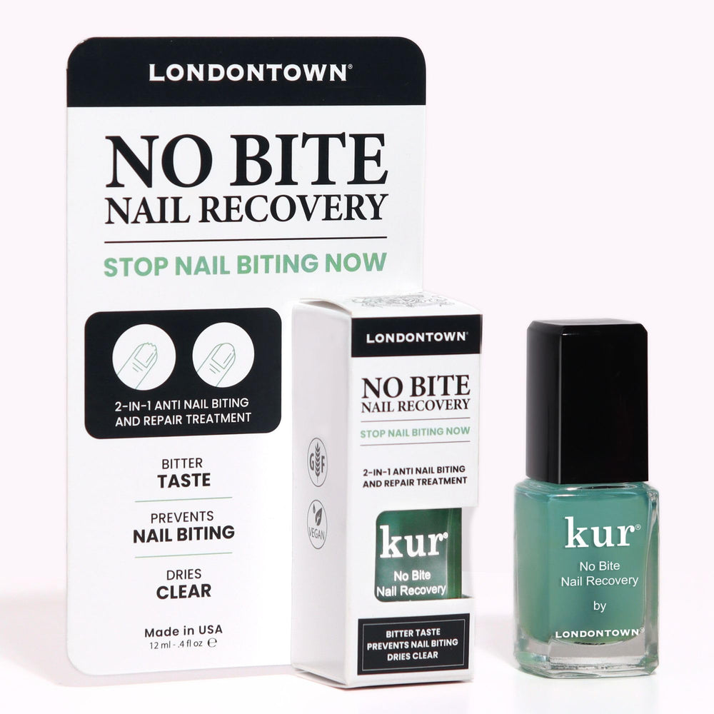 LONDONTOWN No Bite bottle closeup highlighting bitter formula for nail growth and bite deterrence