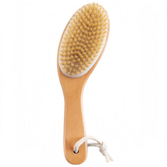 LONGCO dry brushing body brush with contoured wooden handle for easy exfoliation.