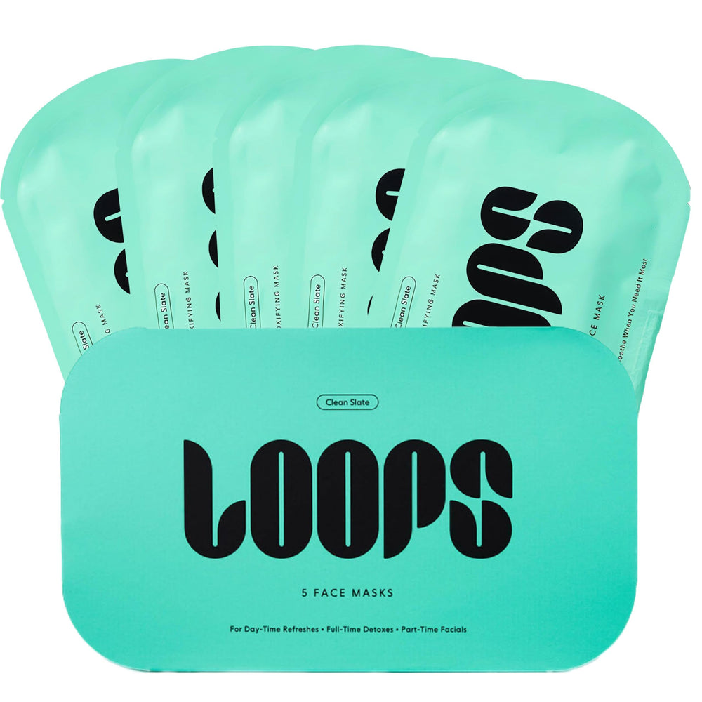 LOOPS CLEAN SLATE packaging on a bathroom counter highlighting detoxifying hydrogel formula