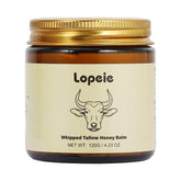 Lopeie Beef Tallow jar with swatch demonstrates rich, hydrating texture for dry skin.