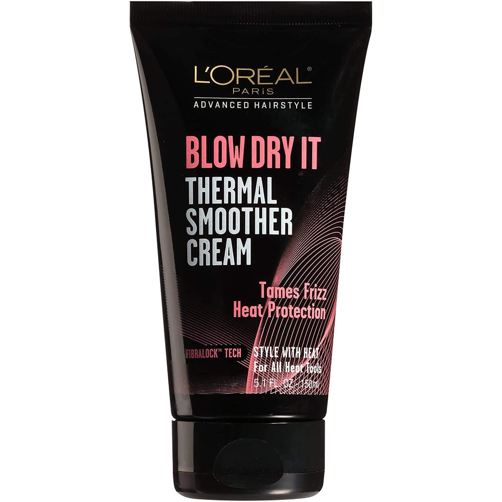 L'Oreal Paris Blow Dry It packshot shows the Thermal Smoother Cream for frizz control and heat protection