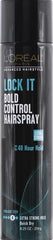L'Oreal Paris Lock It Bold Control hairspray mist for quick-dry, strong hold.