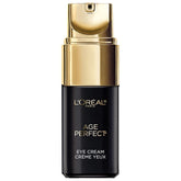 L'Oreal Paris Age Perfect Eye Cream jar close-up shows a hydrating, non-greasy formula.