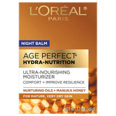 L'Oreal Paris Age Perfect Night Balm jar closeup shows honey-rich texture for dry skin comfort.