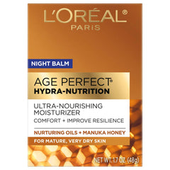 L'Oreal Paris Age Perfect Night Balm jar closeup shows honey-rich texture for dry skin comfort.