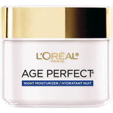 L'Oreal Paris Age Perfect night moisturizer bottle demonstrates rich hydration for mature skin.