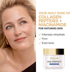 Closeup of collagen peptides on L'Oreal Paris Age Perfect label hints at firming and moisture support.
