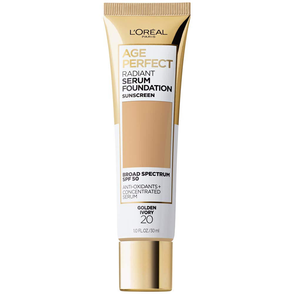 L'Oreal Paris Age Perfect Radiant Serum Foundation close-up bottle promotes hydrated, radiant mature skin.