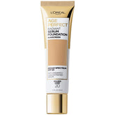 L'Oreal Paris Age Perfect Radiant Serum Foundation close-up bottle promotes hydrated, radiant mature skin.