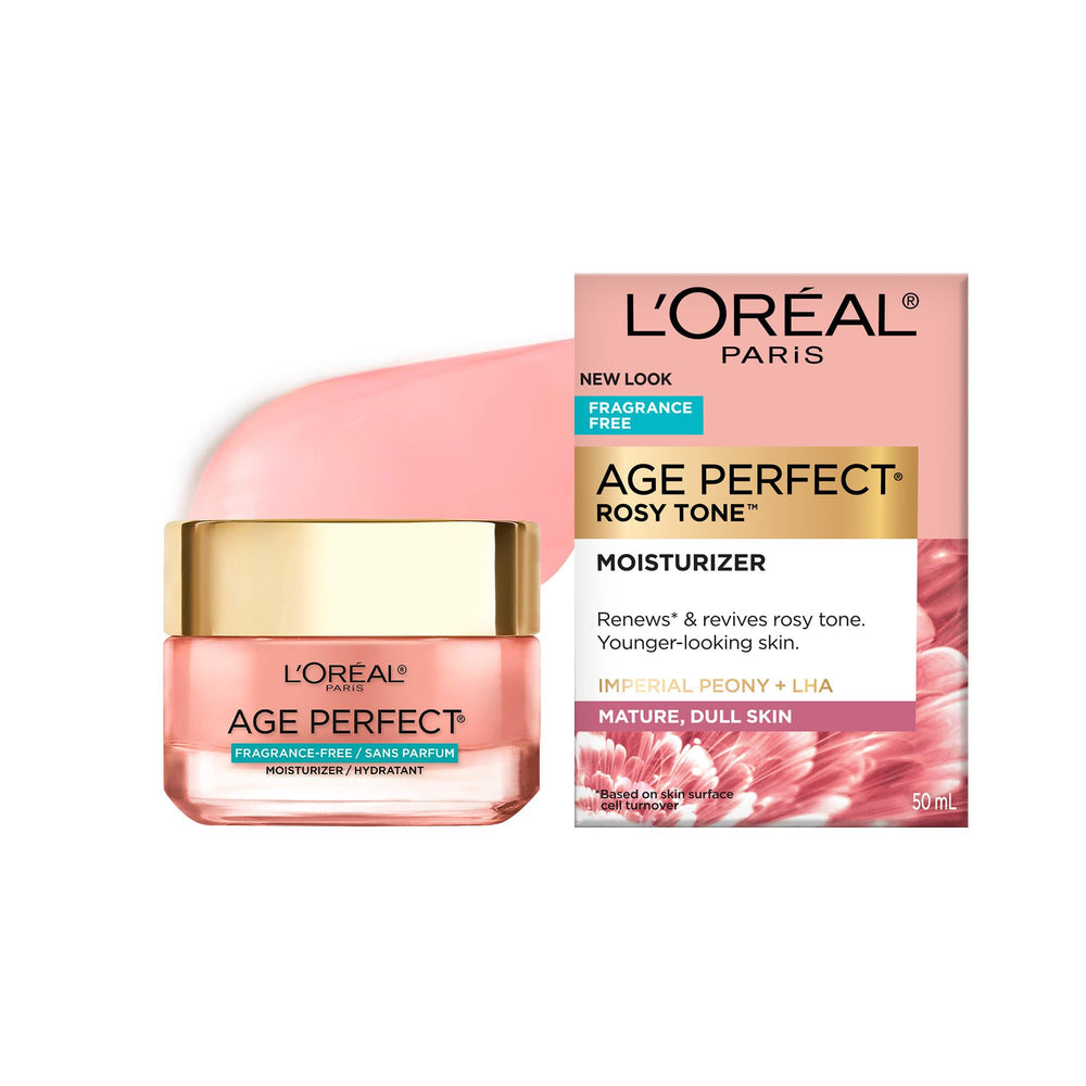 L'Oreal Paris Age Perfect rosy-tone jar close-up shows fragrance-free formula for hydrating sensitive skin.