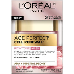L'Oreal Paris Age Perfect Rosy Tone Mask application demonstrates quick five-minute rejuvenation claim visuals.