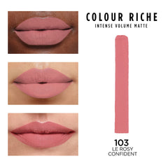 L'Oréal Paris Colour Riche Intense Volume Matte lipstick swatch shows rich pigment and comfortable feel.