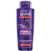 L’Oréal Paris Elvive Color Vibrancy purple shampoo bottle for brassy tone neutralization.