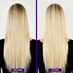 Brassy yellow-orange tones neutralized on brunette hair by Elvive purple shampoo.