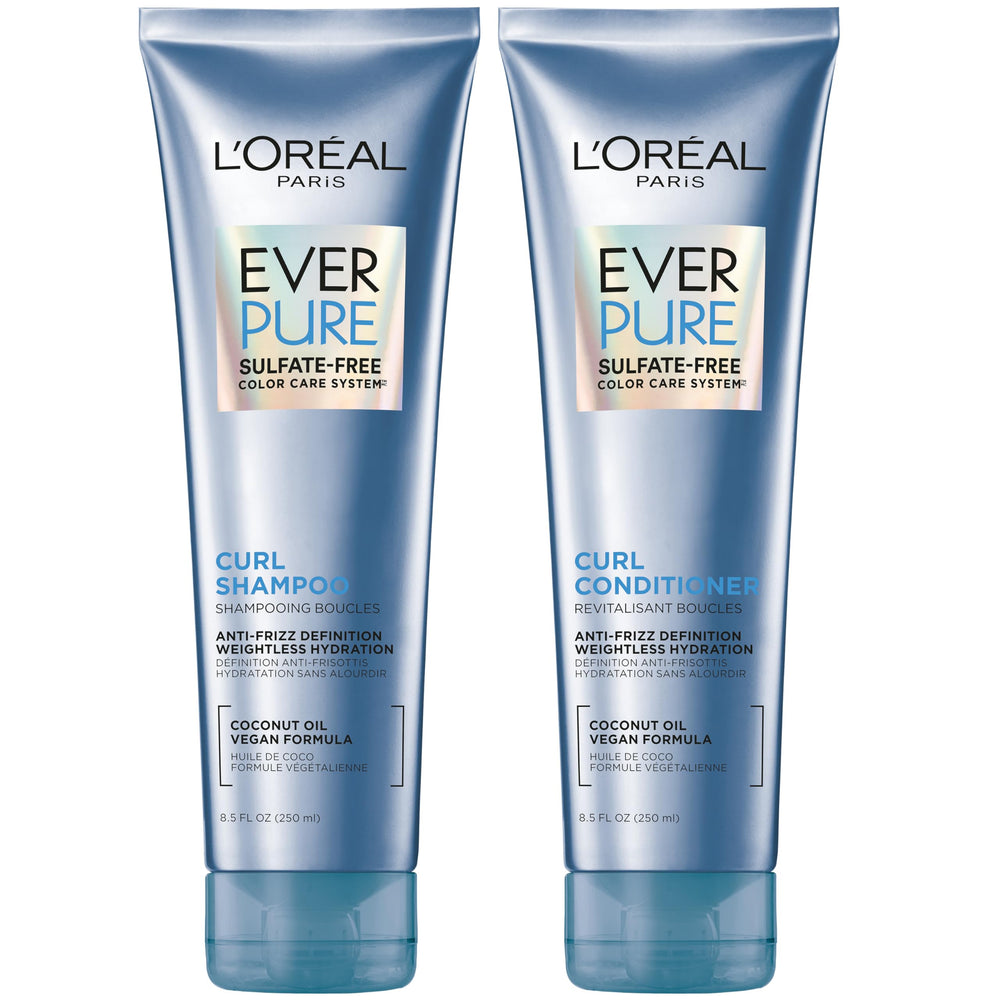 L'Oreal Paris EverPure shampoo curly bottle shows lightweight hydration for defined curls.