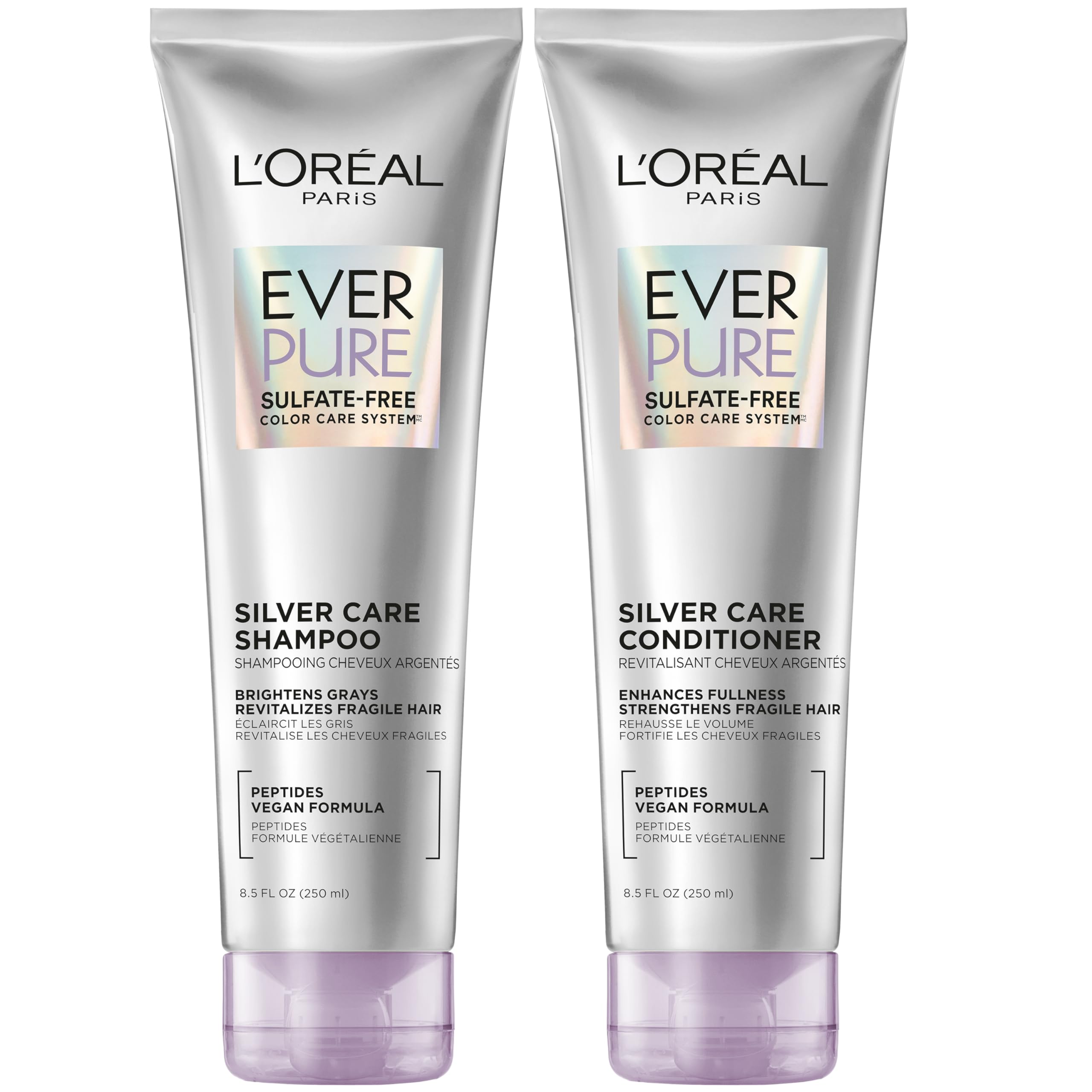 L'Oreal Paris EverPure silver care shampoo bottle for vibrant gray hair.