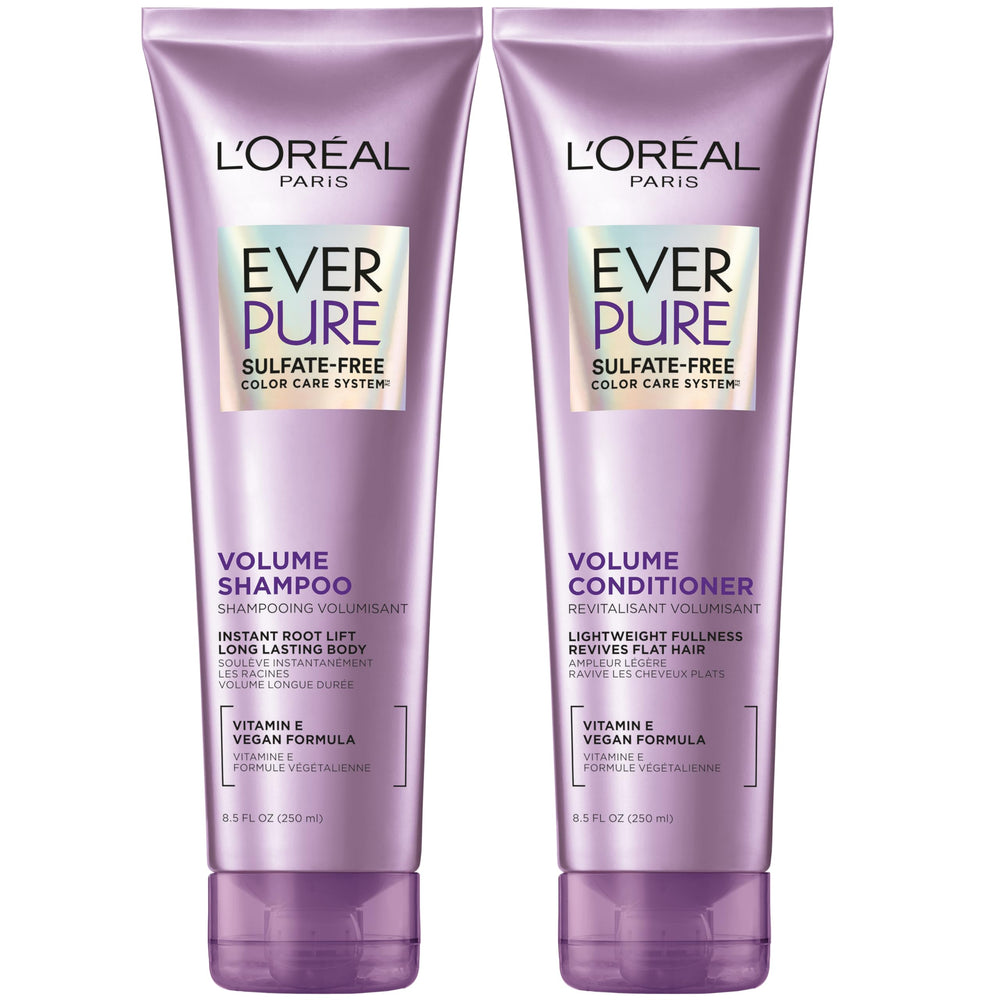 L'Oreal Paris EverPure volume shampoo bottle closeup showing volume boost for fine hair.