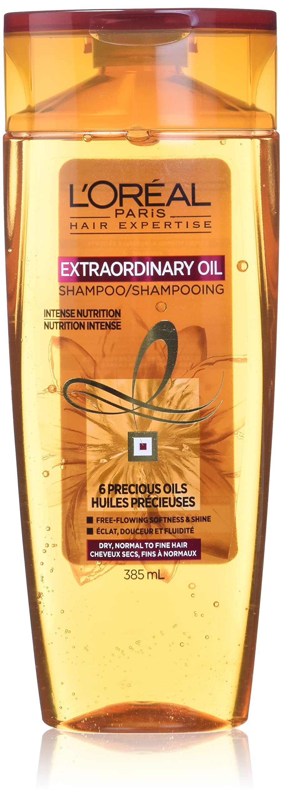 L'Oreal Paris Extraordinary Oil shampoo bottle illustrating a nourishing formula for soft hair