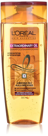 L'Oreal Paris Extraordinary Oil shampoo bottle illustrating a nourishing formula for soft hair
