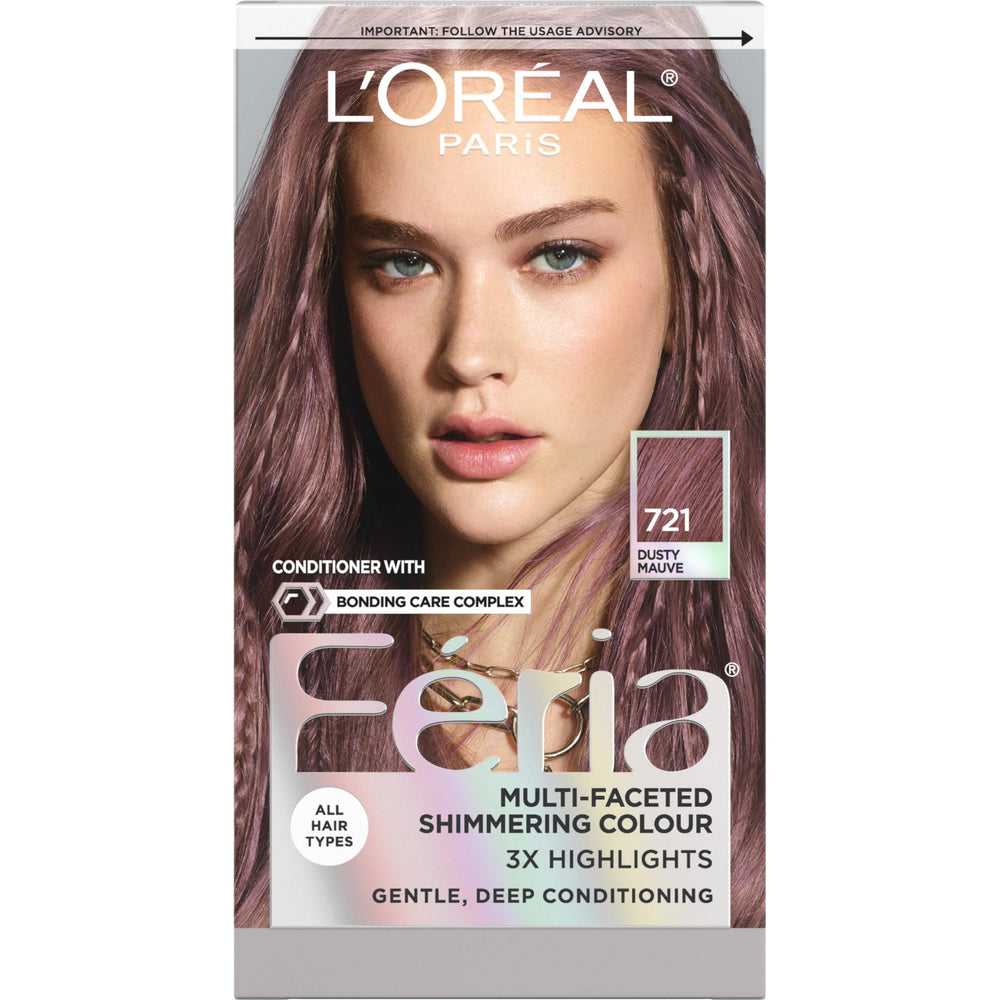 L'Oreal Paris Feria Dusty Mauve bottle close-up showing shimmering color for vibrant result