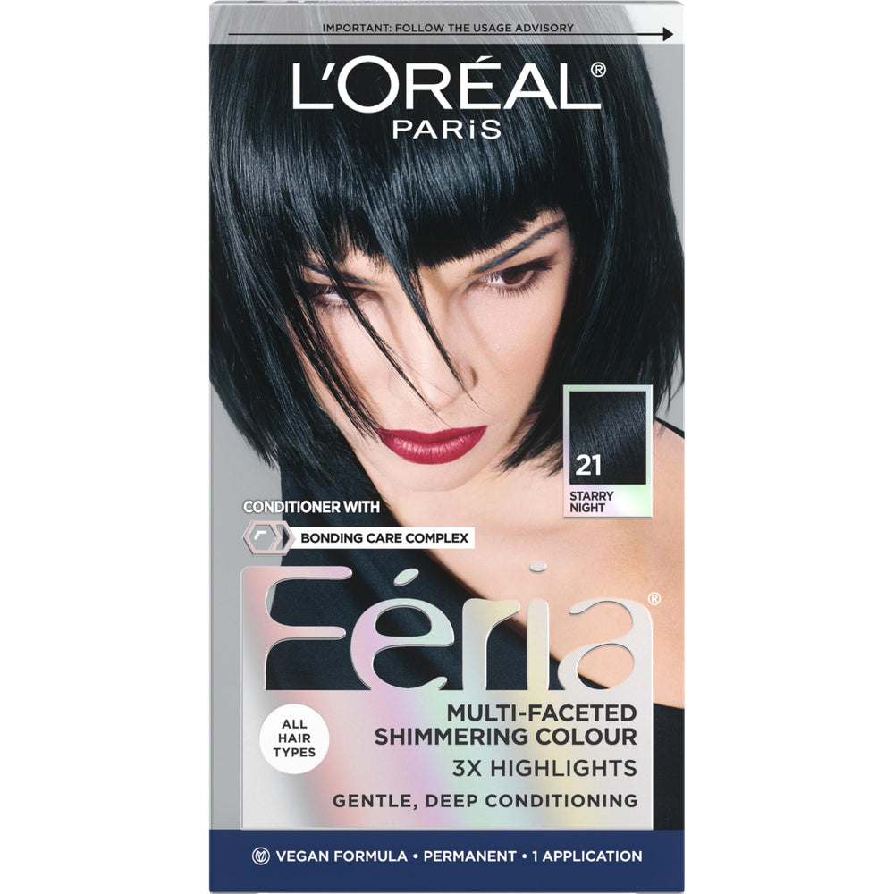 L'Oreal Paris Feria Starry Night bottle closeup shows deep black shimmer for bold color.