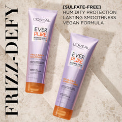LOreal Paris Frizz Defy Conditioner bottle highlighting smoothness and moisture for manageable, radiant hair.