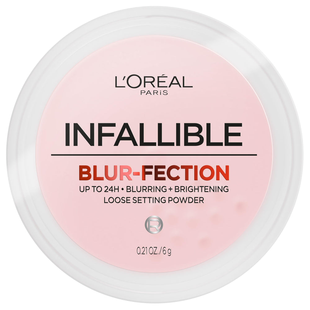 L'Oreal Paris Infallible Blur-fection loose powder jar closeup shows silky blur for radiant skin