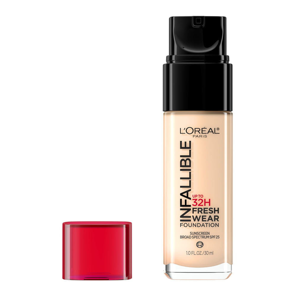 L'Oreal Paris Infallible foundation bottle close-up showing lightweight, longwear formula for a fresh complexion.