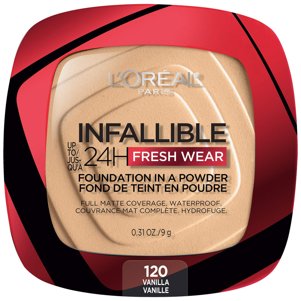 L’Oréal Paris Infallible Fresh Wear Foundation in a Powder compact close-up, all-day natural matte coverage.