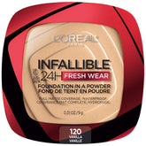L’Oréal Paris Infallible Fresh Wear Foundation in a Powder compact close-up, all-day natural matte coverage.