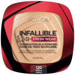 L’Oréal Paris Infallible Fresh Wear Foundation in a Powder compact close-up, all-day natural matte coverage.