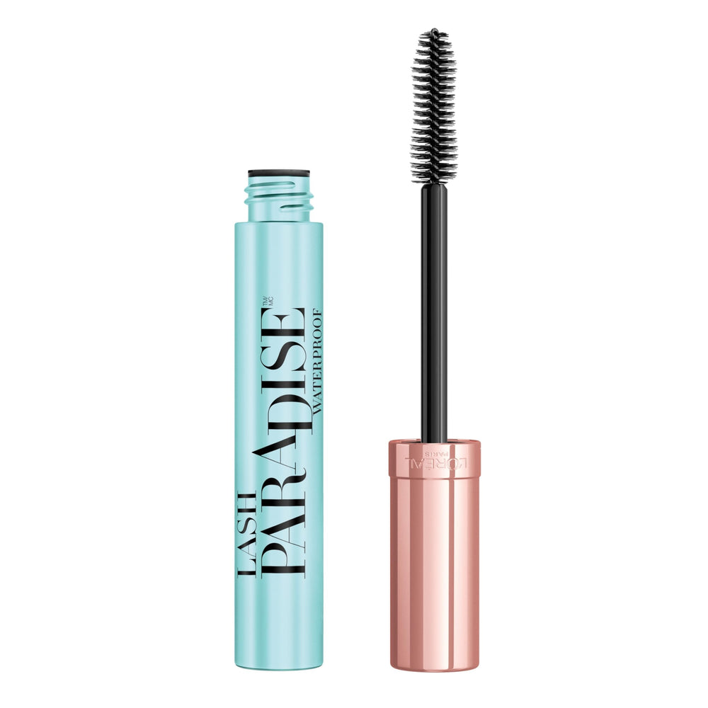 L'Oreal Paris Lash Paradise mascara bottle front showing waterproof formula for dramatic lashes.