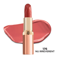 L'Oreal Paris Les Nus Nu Irreverent on lips demonstrates creamy texture and precise one-swipe coverage.