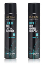 L'Oreal Paris Lock It Bold Control Hairspray bottle front shows bold hold for lasting style.