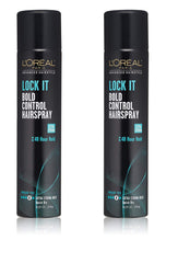 L'Oreal Paris Lock It Bold Control Hairspray bottle front shows bold hold for lasting style.