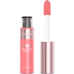 L'Oreal Paris Lumi Le Liquid Blush bright-pink application demonstrates buildable radiant color on cheeks