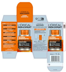 L’Oréal Paris Men Expert Hydra Energetic label closeup highlights vitamin C and guarana.