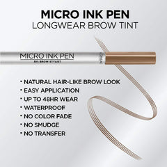 L'Oreal Paris Micro Ink Pen precision comb-tip enables smooth brow shaping and control.
