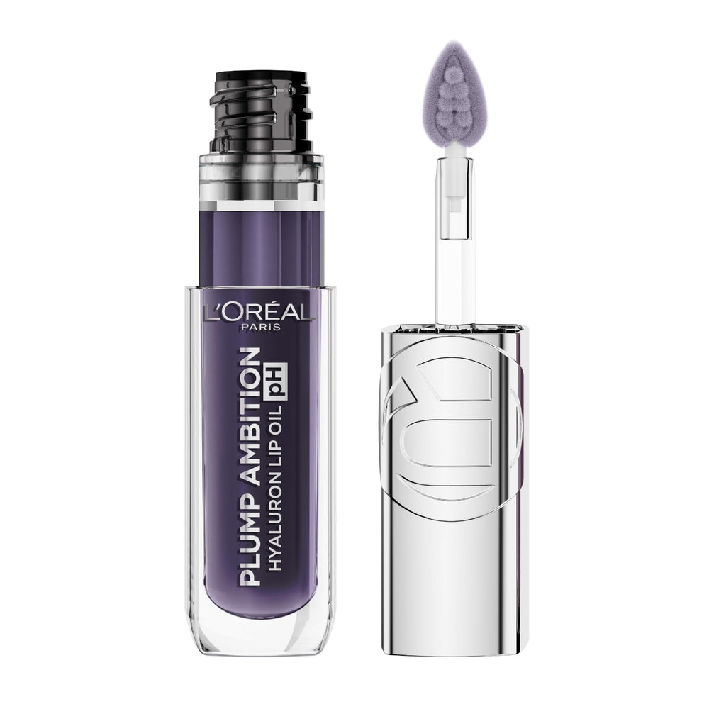 L'Oreal Paris Plump Ambition bottle closeup showing glossy lip oil texture and hydration.