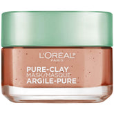L'Oreal Paris Pure Clay Mask jar close-up with red algae for pore refining.