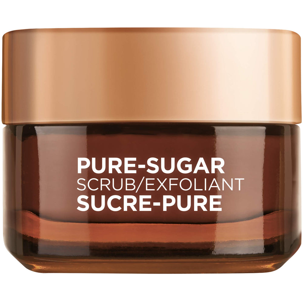 L'Oreal Paris Pure Sugar Scrub bottle shows nourished exfoliation for smoother skin.