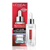 L'Oreal Paris Revitalift 1.5% HA Serum bottle shows premium hydration for dewy skin.