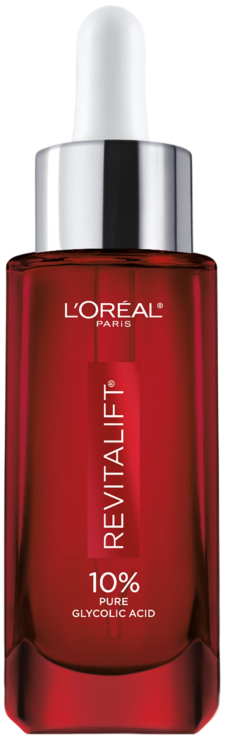 L'Oreal Paris Revitalift 10% glycolic serum bottle for smoother skin and even tone.