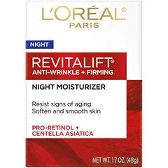 L'Oreal Paris Revitalift night cream jar texture showing rich, non-greasy hydration.