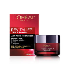 L'Oreal Paris Revitalift Triple Power cream jar close-up showing wrinkle-reduction potential