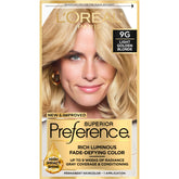 L'Oreal Paris Superior Preference light golden blonde 9G kit shows fade-defying color and shine.