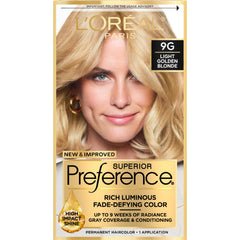 L'Oreal Paris Superior Preference light golden blonde 9G kit shows fade-defying color and shine.