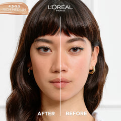 L'Oreal Paris True Match Nude Hyaluronic Serum swatches on arm show shade variety for quick assessment.