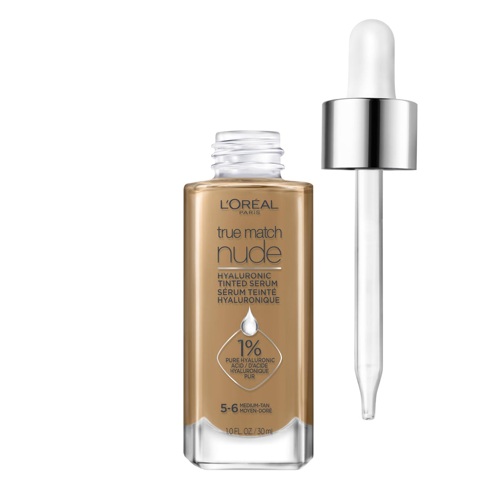 L'Oreal Paris True Match Nude Hyaluronic tinted serum foundation bottle-pump shows hydrating dispenser.