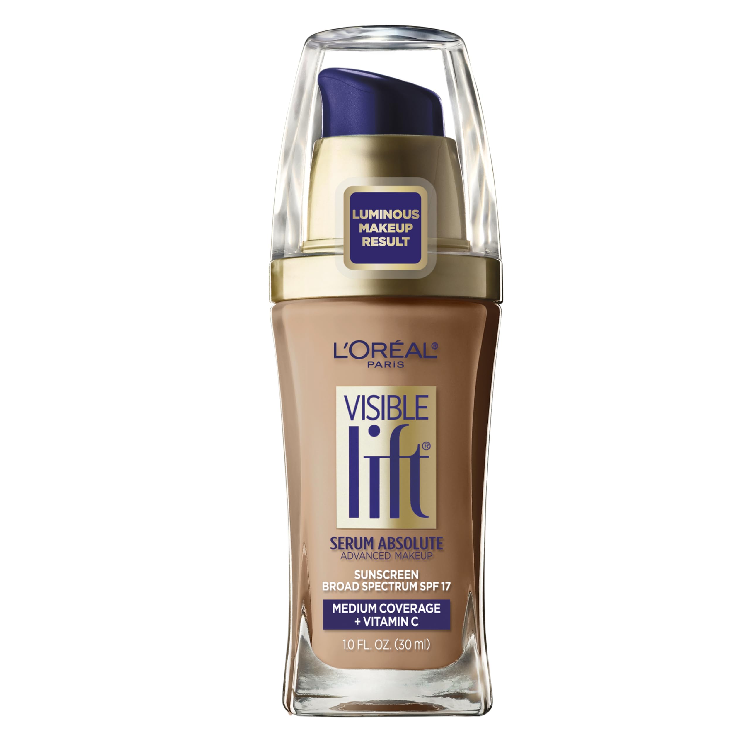 L'Oreal Paris Visible Lift Serum Absolute Foundation bottle showing even tone and radiant skin.
